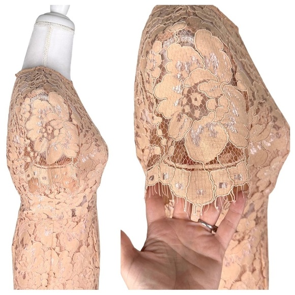 NSR x Revolve beige lace midi dress short sleeves sheer at waist sz small - Picture 6 of 15